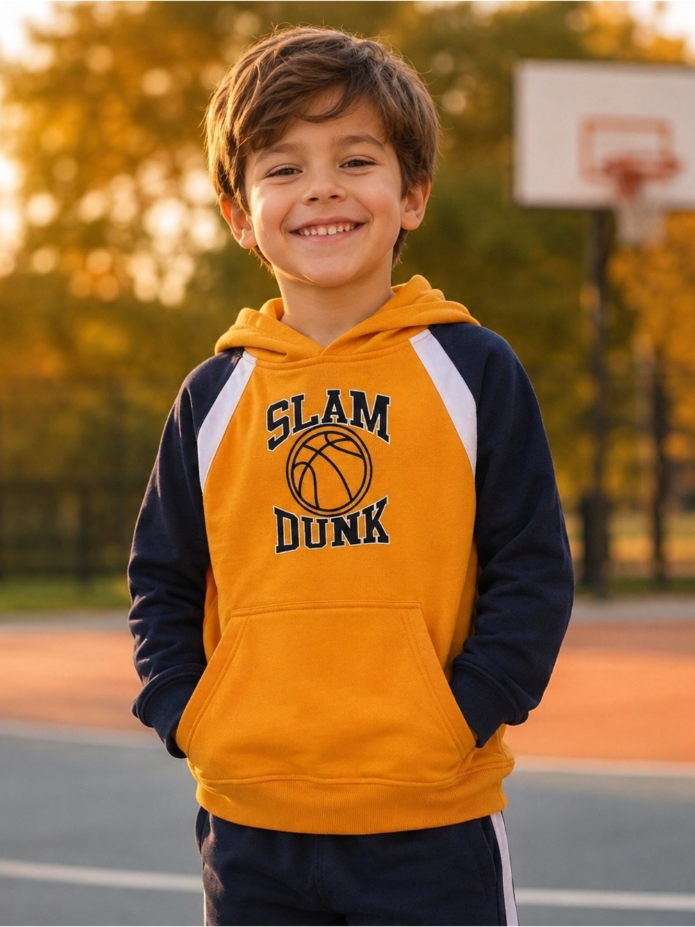 Starter Boys Sz 6 Basketball Hoodie Slam Dunk Graphic Fleece Gold Navy Pullover